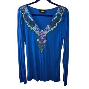Alexia Admor Blue Floral Embroidered Long Sleeve V-neck Top Tunic Size Small